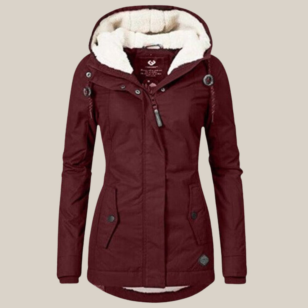 Women's Sherpa-Lined Hooded Quilted Jacket Fleece Winter Coat - Red