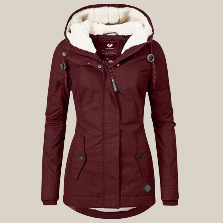 Women's Sherpa-Lined Hooded Quilted Jacket Fleece Winter Coat - Red