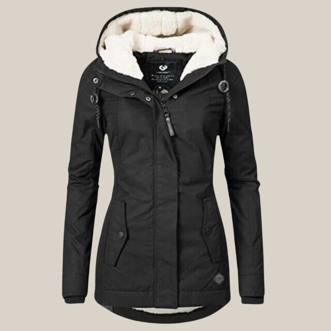 Women's Sherpa-Lined Hooded Quilted Jacket Fleece Winter Coat - Black