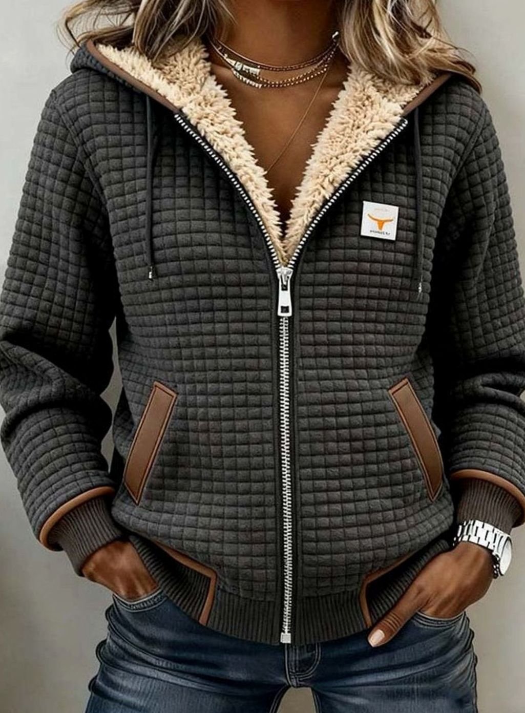 Women's Sherpa-Lined Quilted Full-Zip Fleece Hoodie Jacket