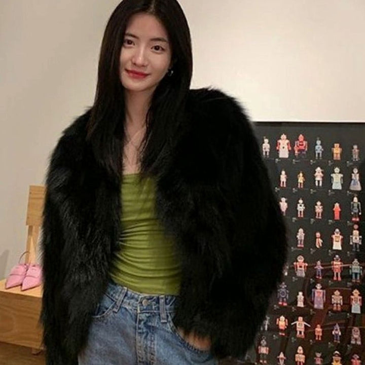Women's Short Fluffy Faux Fur Party Jacket - Classic Black