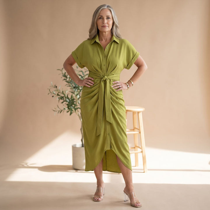 Women's Short-Sleeve Collared Waist-Tie Midi Shirt Dress