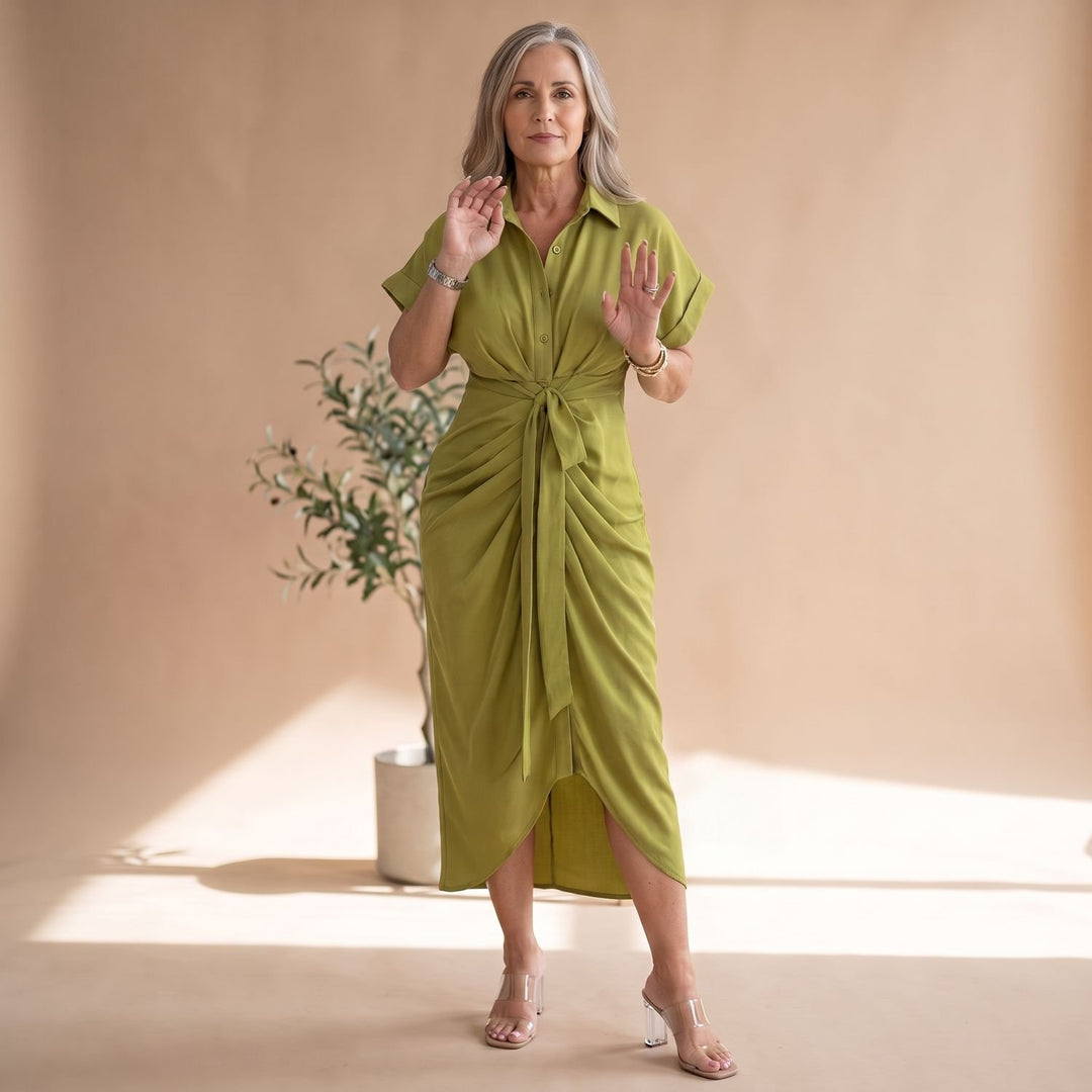 Women's Short-Sleeve Collared Waist-Tie Midi Shirt Dress - Green