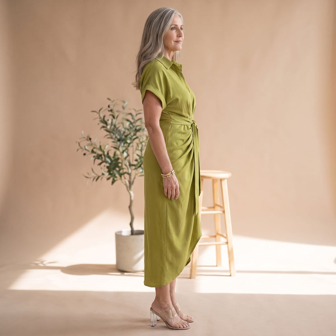 Women's Short-Sleeve Collared Waist-Tie Midi Shirt Dress