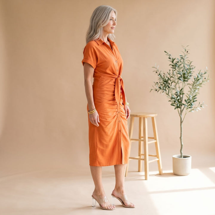 Women's Short-Sleeve Collared Waist-Tie Midi Shirt Dress