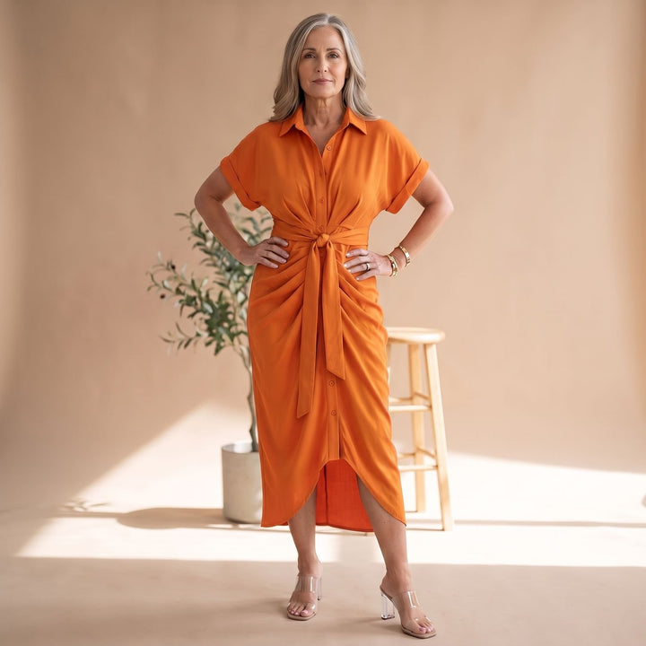 Women's Short-Sleeve Collared Waist-Tie Midi Shirt Dress - Orange