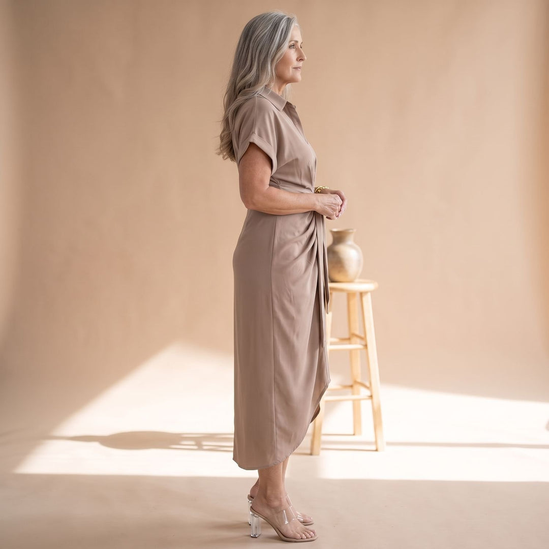 Women's Short-Sleeve Collared Waist-Tie Midi Shirt Dress
