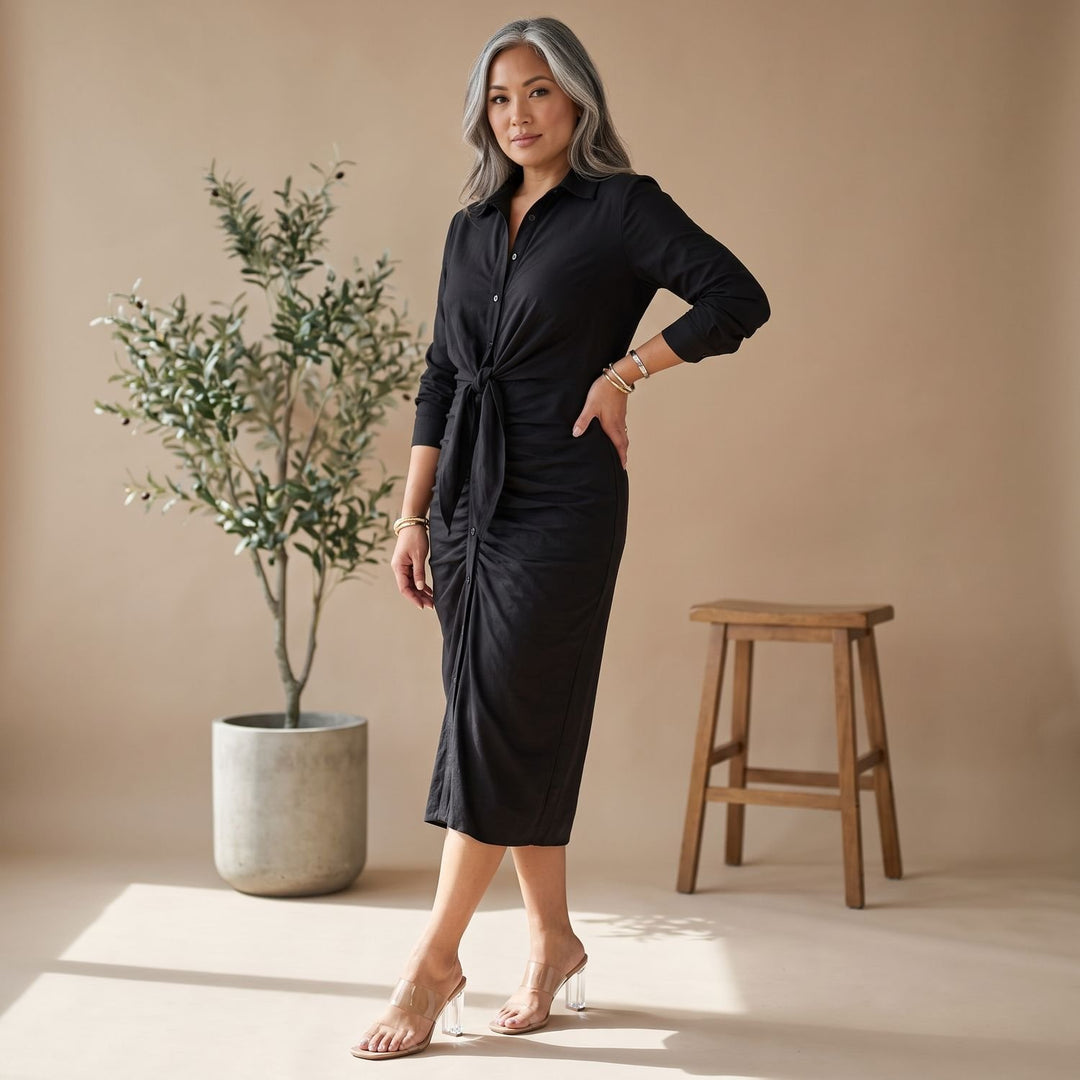Women's Short-Sleeve Collared Waist-Tie Midi Shirt Dress - Black