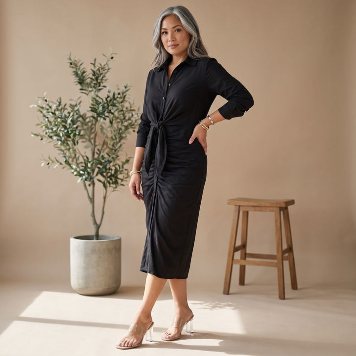 Women's Short-Sleeve Collared Waist-Tie Midi Shirt Dress - Black