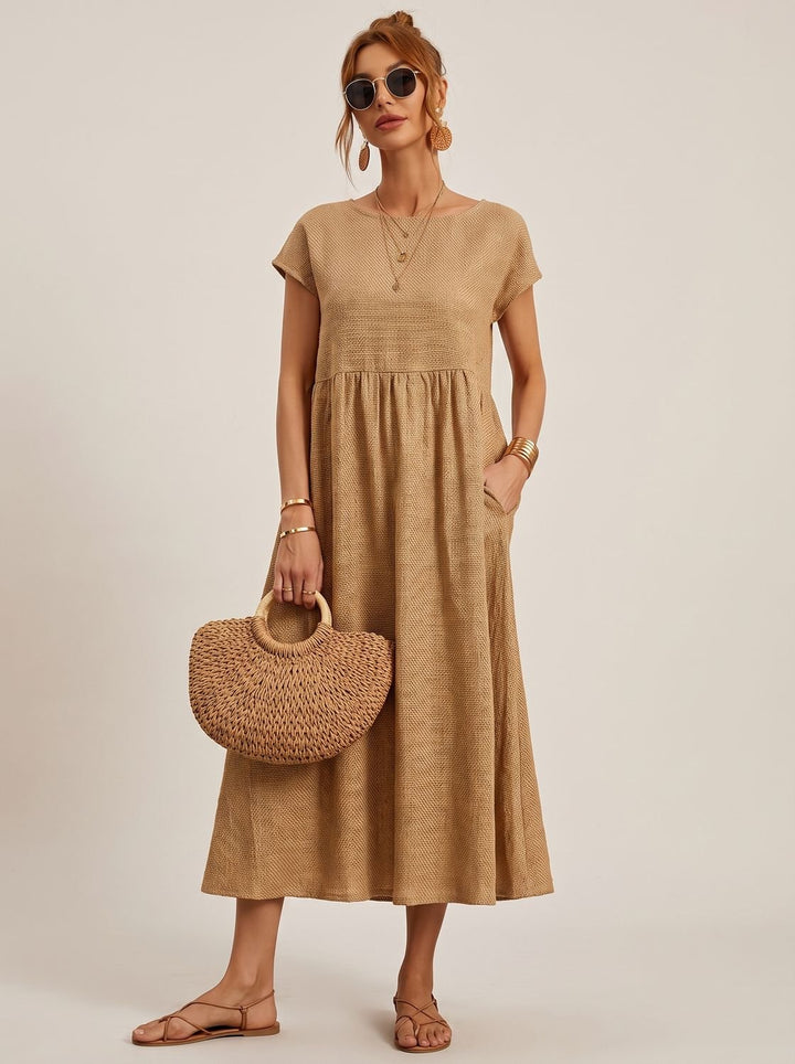 Women's Short-Sleeve Round-Neck Flowy Midi Dress with Pockets - Dark Blue