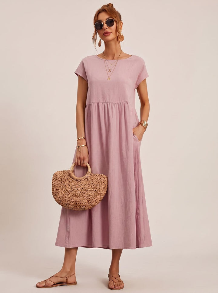 Women's Short-Sleeve Round-Neck Flowy Midi Dress with Pockets - Rose