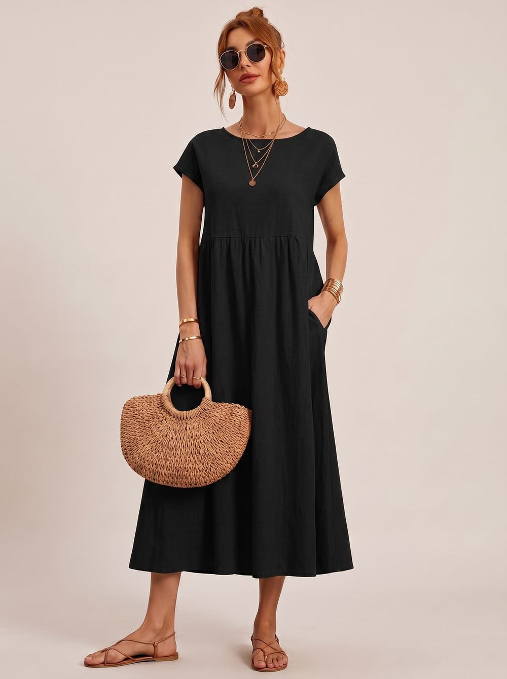 Women's Short-Sleeve Round-Neck Flowy Midi Dress with Pockets - Black