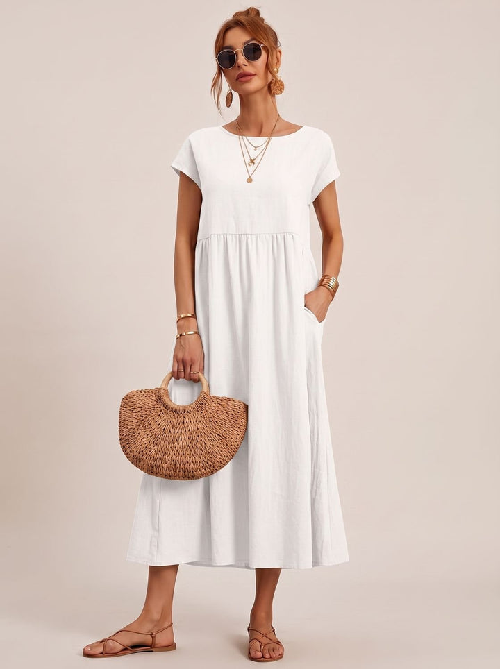 Women's Short-Sleeve Round-Neck Flowy Midi Dress with Pockets - White