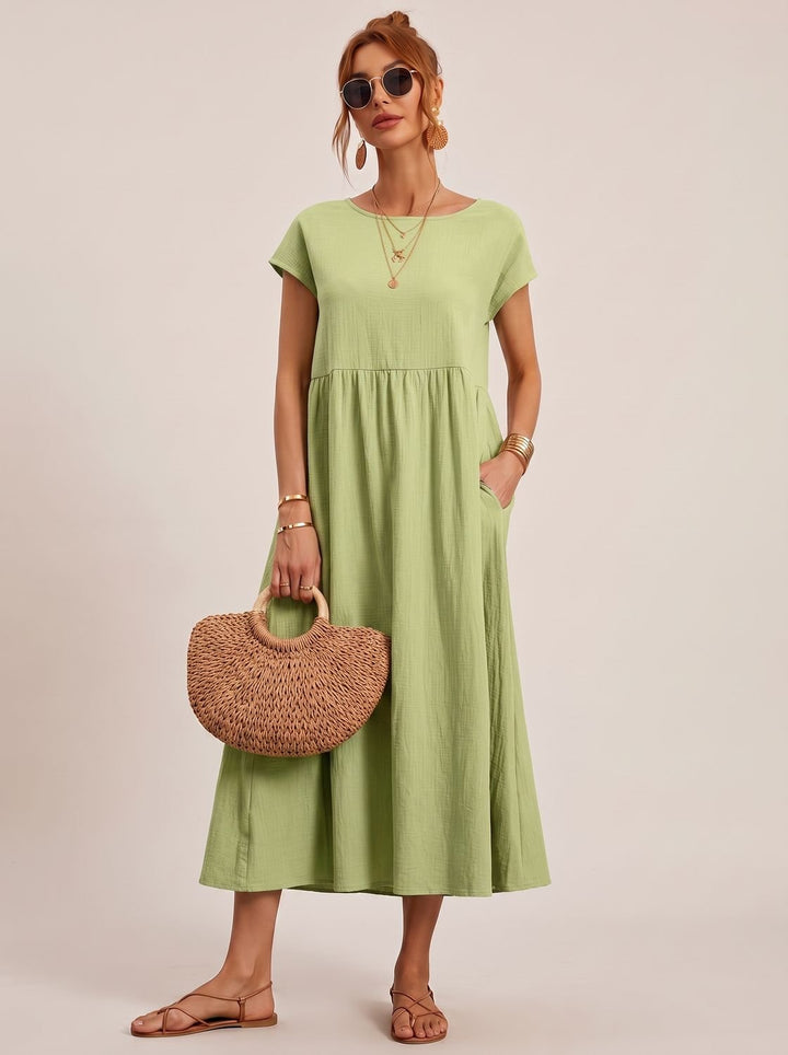 Women's Short-Sleeve Round-Neck Flowy Midi Dress with Pockets - Light Green
