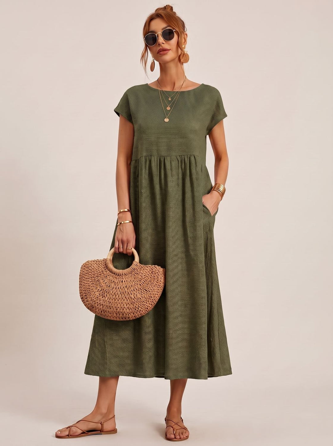 Women's Short-Sleeve Round-Neck Flowy Midi Dress with Pockets - Dark Green