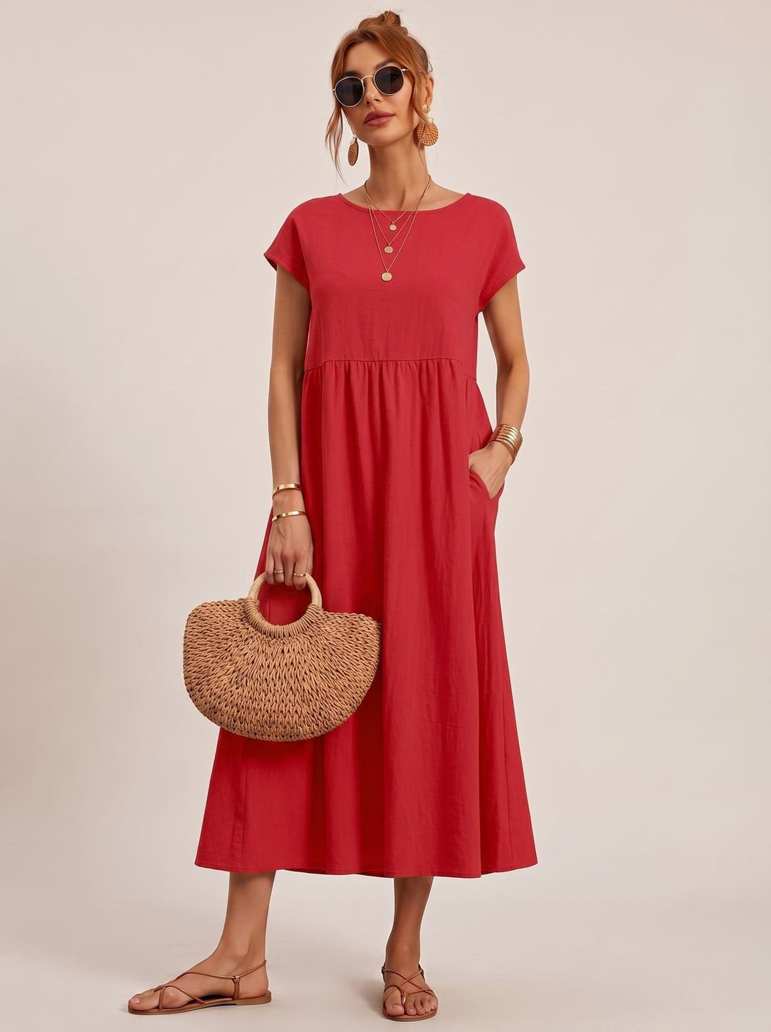 Women's Short-Sleeve Round-Neck Flowy Midi Dress with Pockets - Red
