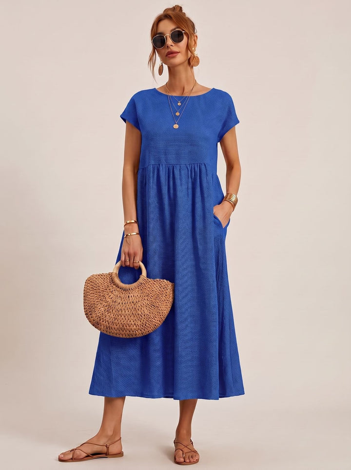 Women's Short-Sleeve Round-Neck Flowy Midi Dress with Pockets - Blue