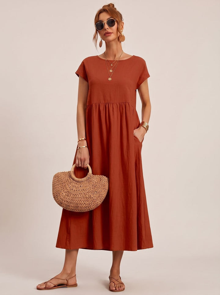 Women's Short-Sleeve Round-Neck Flowy Midi Dress with Pockets - Rust