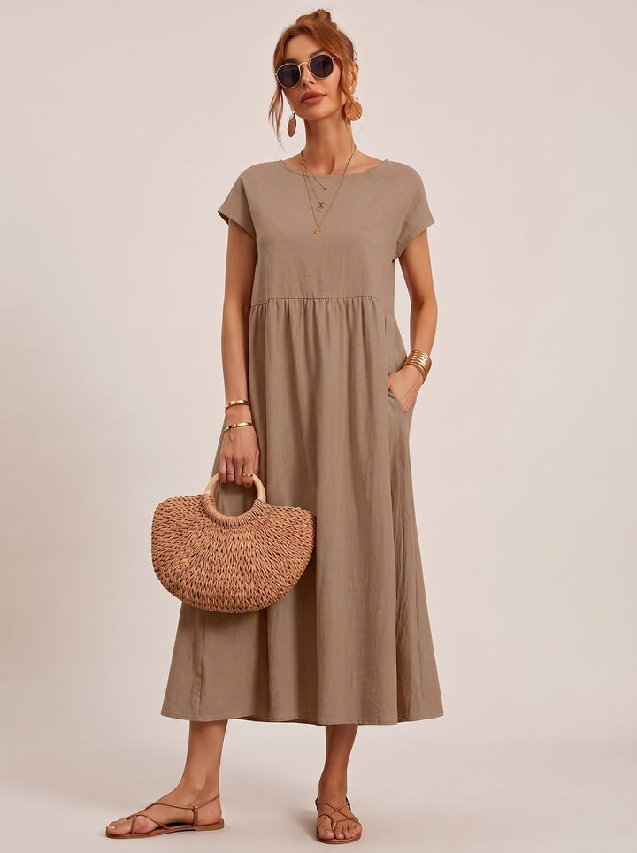Women's Short-Sleeve Round-Neck Flowy Midi Dress with Pockets - Khaki