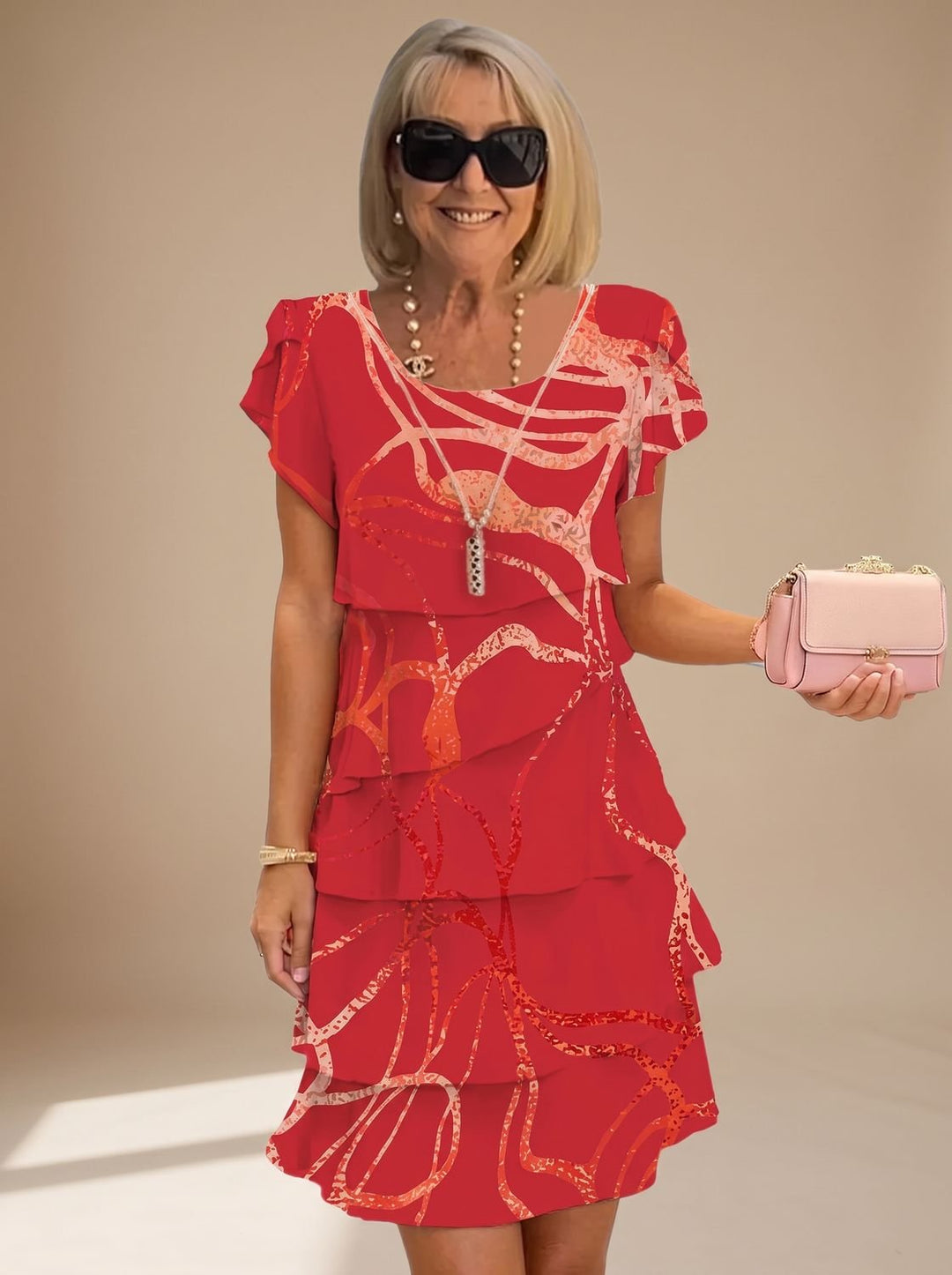 Women's Short-Sleeve Tiered Ruffle A-Line Dress - Red