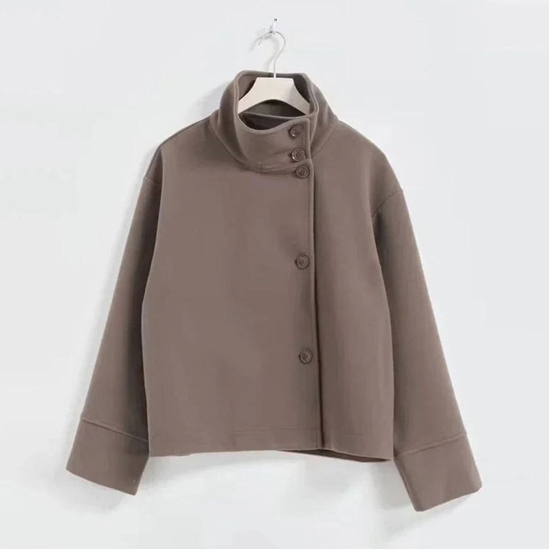 Women's Short Wool-Blend Button-Up High-Collar Winter Coat - Coffee