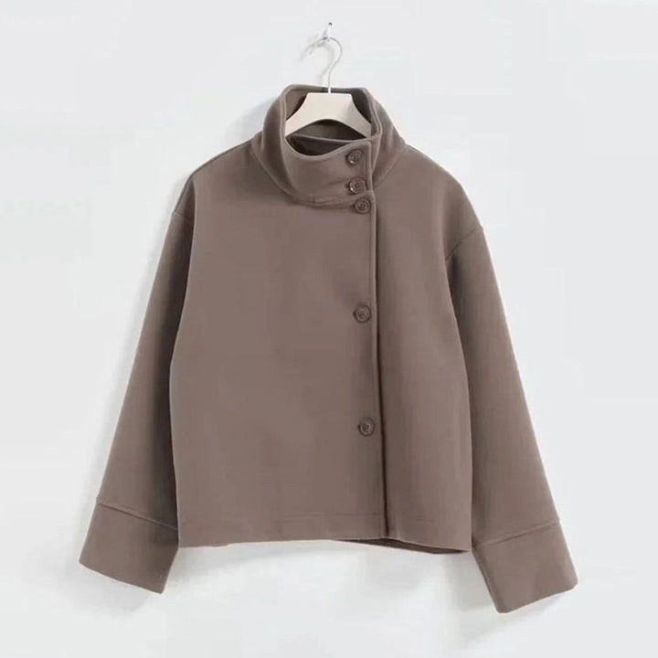Women's Short Wool-Blend Button-Up High-Collar Winter Coat - Coffee
