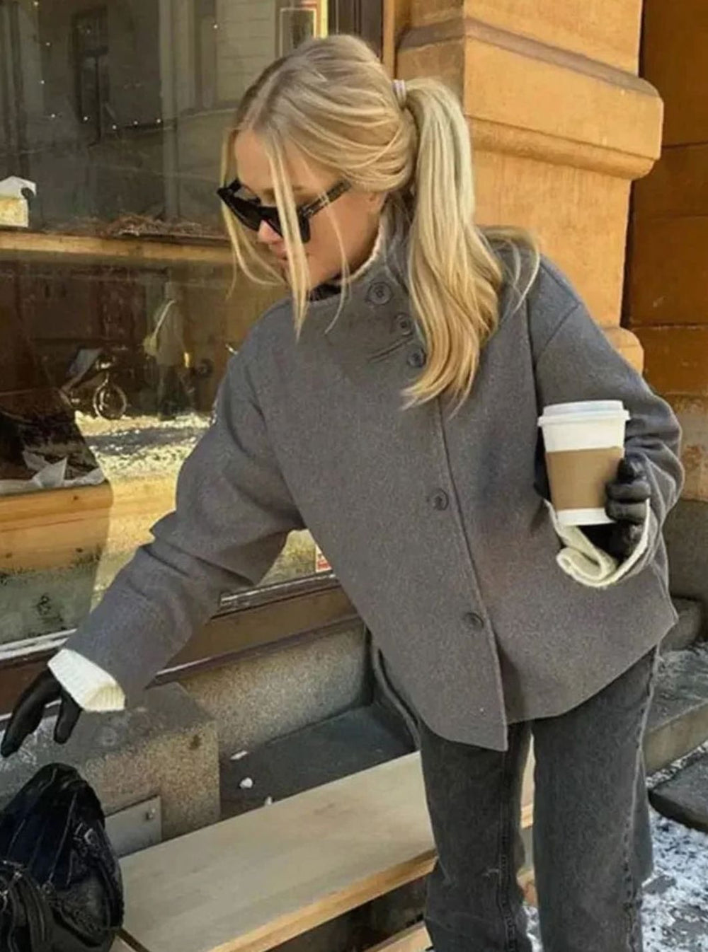 Women's Short Wool-Blend Button-Up High-Collar Winter Coat - Gray