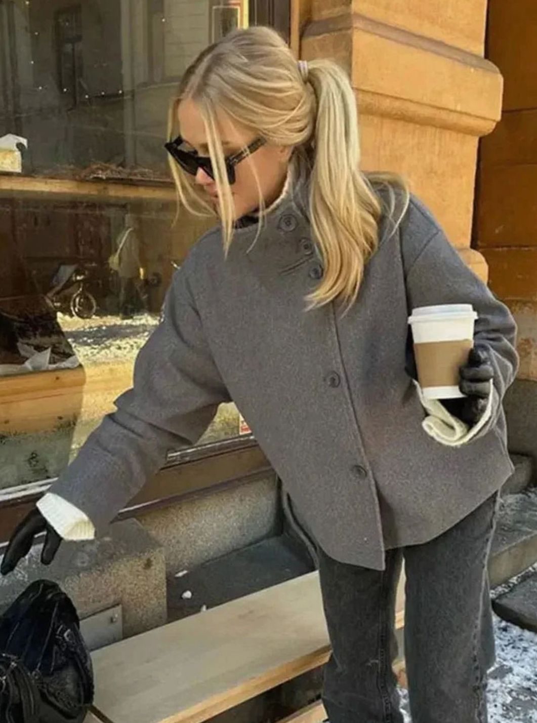 Women's Short Wool-Blend Button-Up High-Collar Winter Coat - Gray