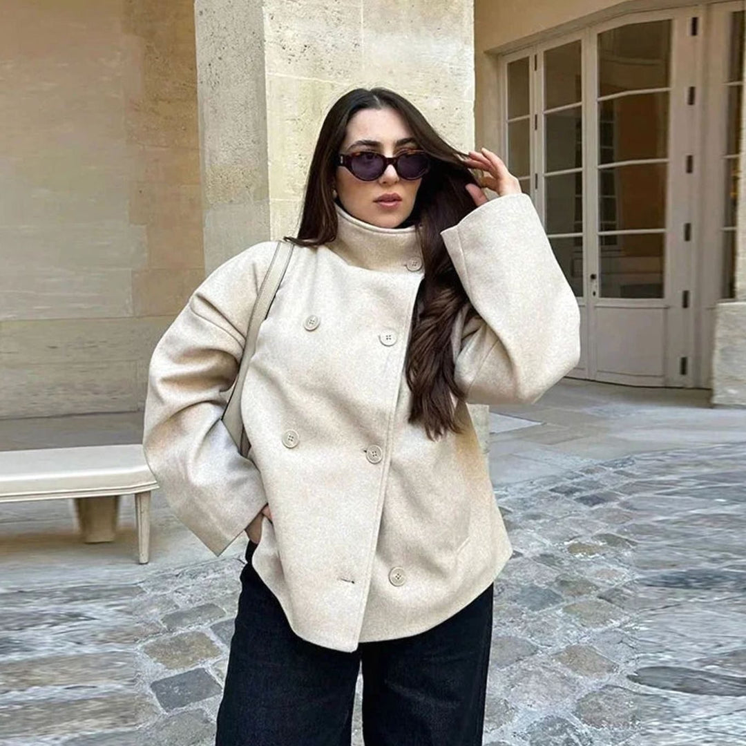 Women's Short Wool-Blend Button-Up High-Collar Winter Coat - Apricot