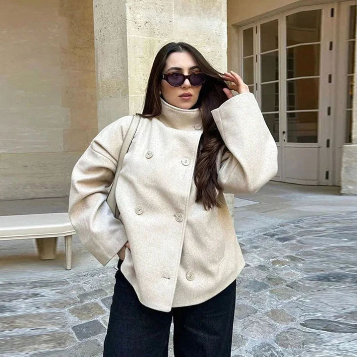 Women's Short Wool-Blend Button-Up High-Collar Winter Coat - Apricot