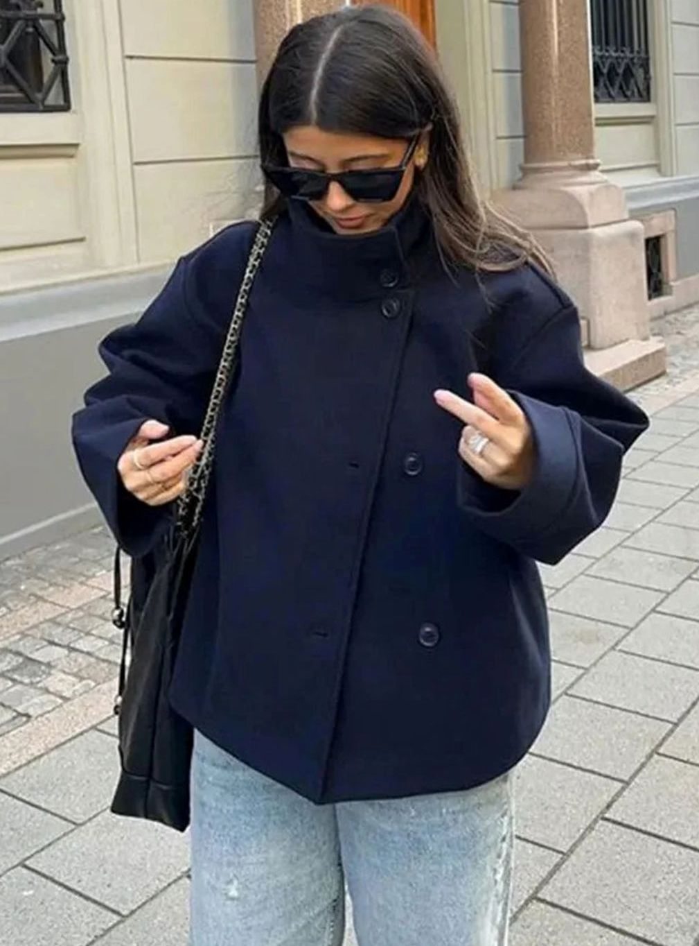 Women's Short Wool-Blend Button-Up High-Collar Winter Coat