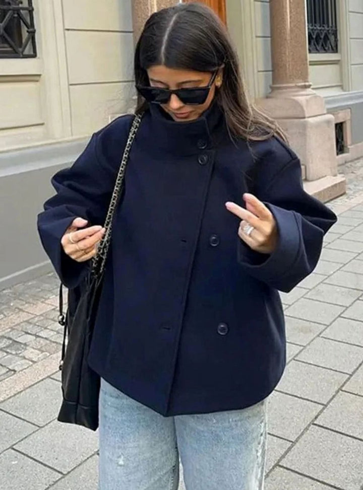 Women's Short Wool-Blend Button-Up High-Collar Winter Coat