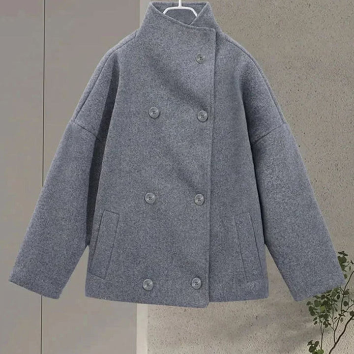 Women's Short Wool-Blend Button-Up High-Collar Winter Coat