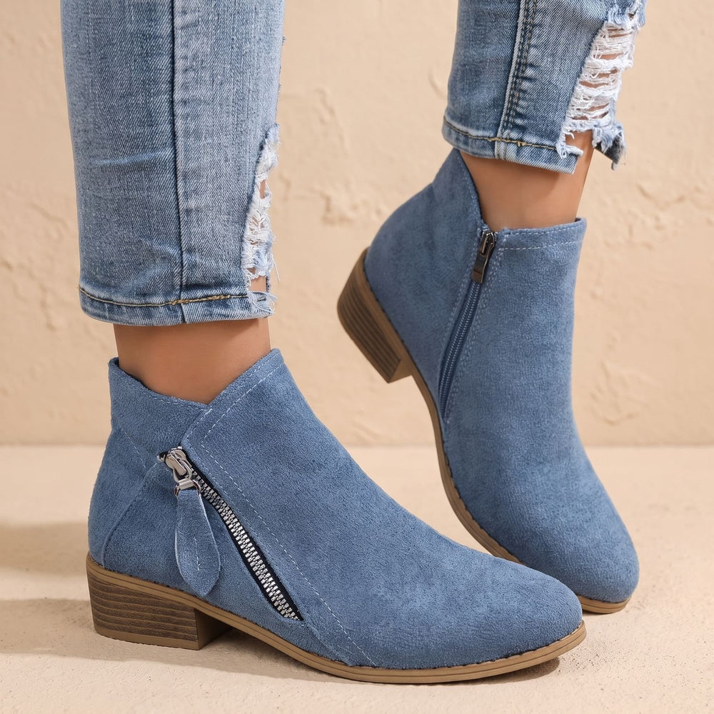 Women's Side Zip Ankle Boots Block Heel Wide Toe Box - Blue