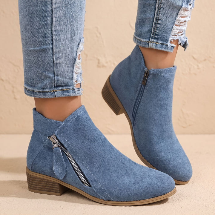 Women's Side Zip Ankle Boots Block Heel Wide Toe Box - Blue