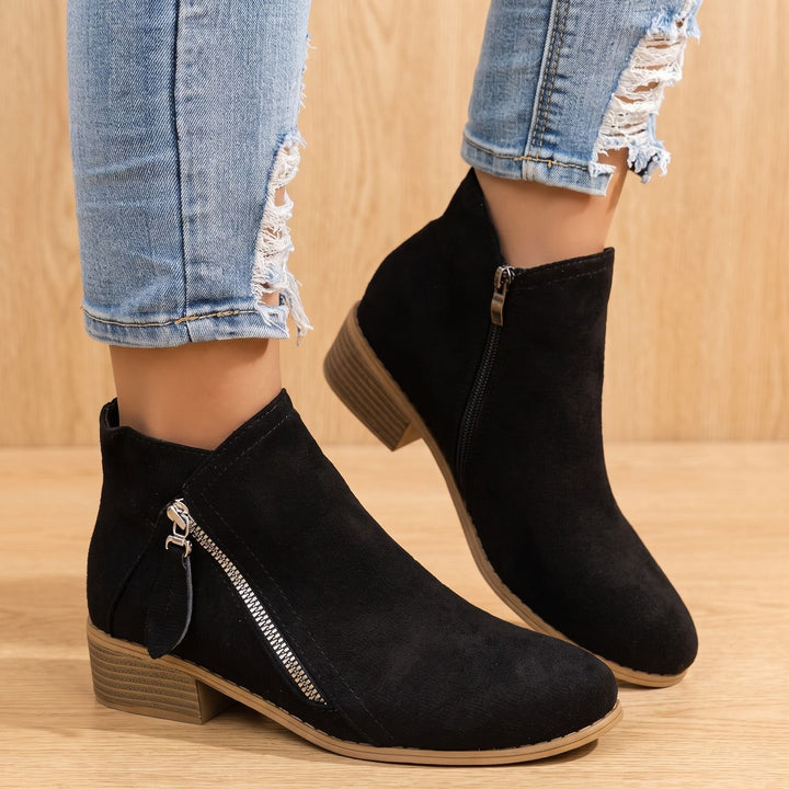 Women's Side Zip Ankle Boots Block Heel Wide Toe Box - Black