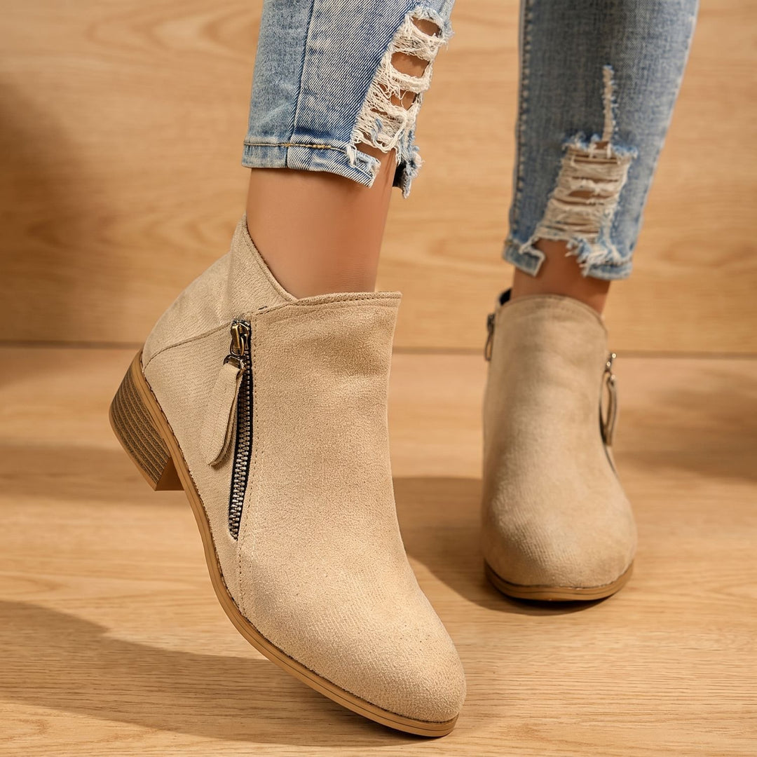 Women's Side Zip Ankle Boots Block Heel Wide Toe Box - Beige