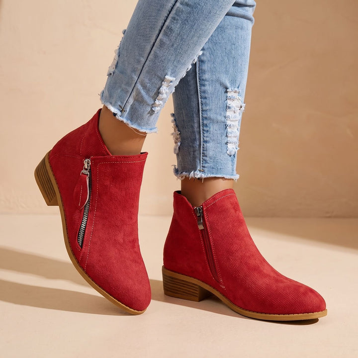 Women's Side Zip Ankle Boots Block Heel Wide Toe Box - Red
