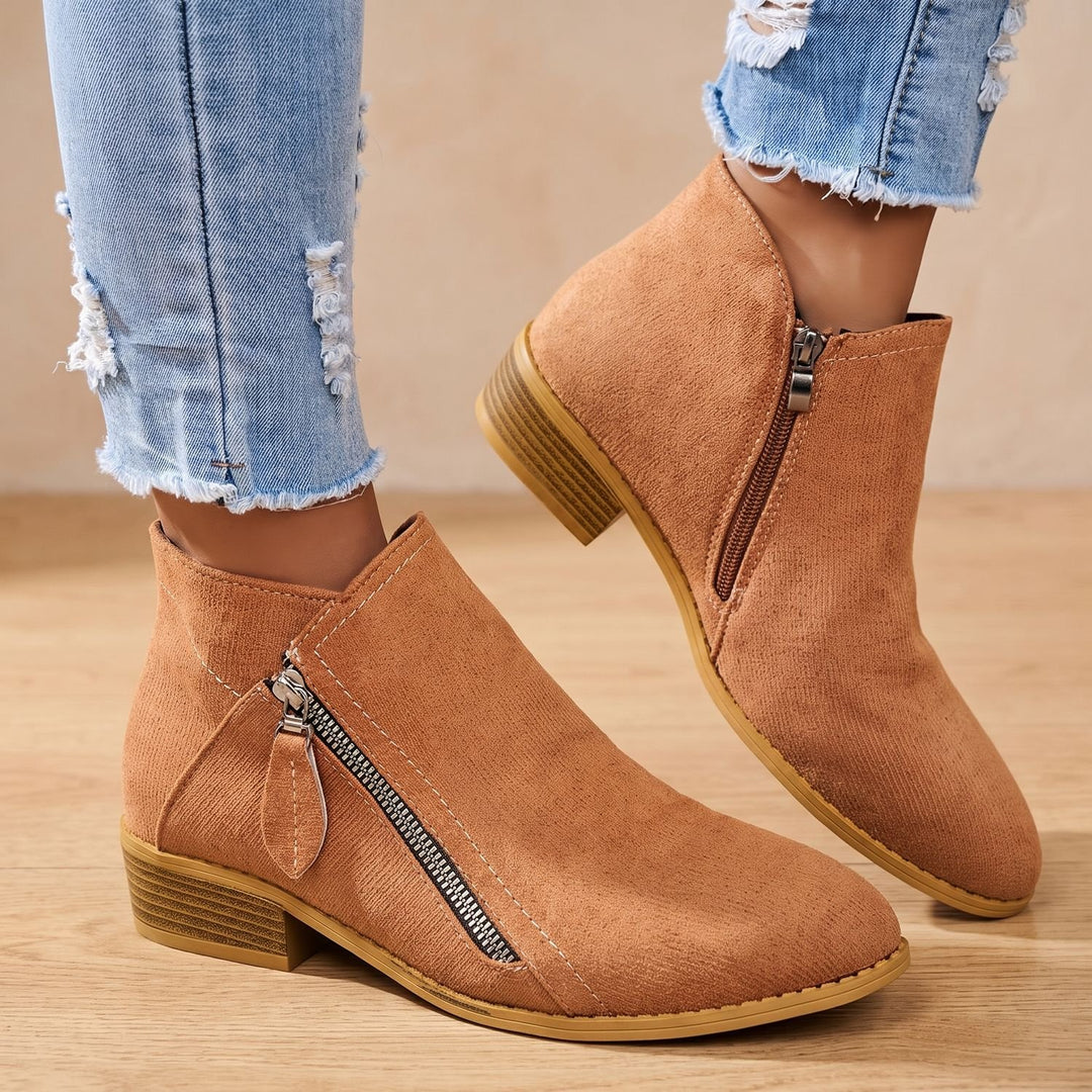 Women's Side Zip Ankle Boots Block Heel Wide Toe Box - Brown