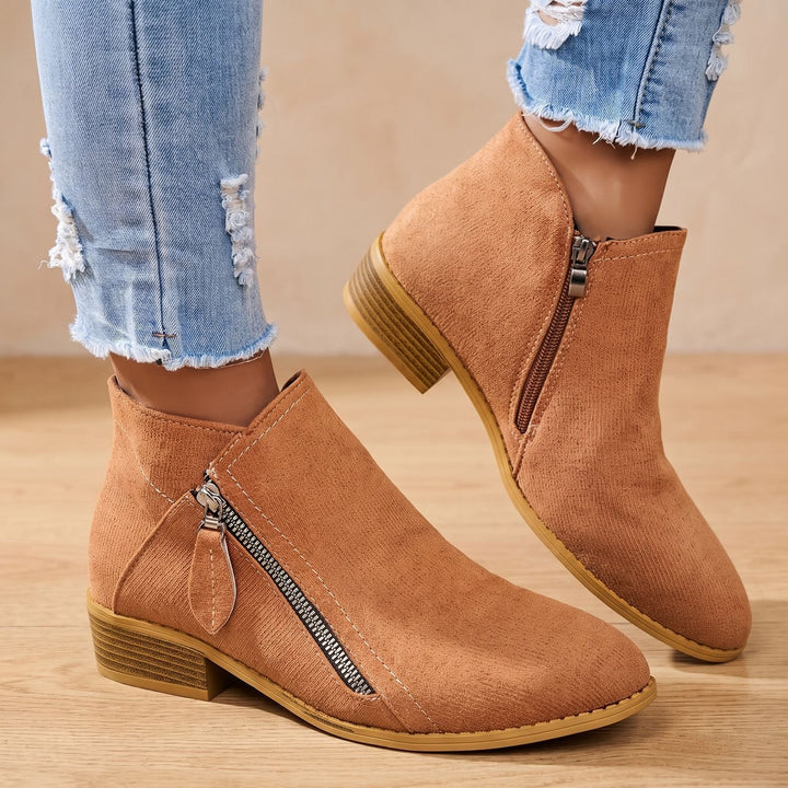 Women's Side Zip Ankle Boots Block Heel Wide Toe Box - Brown