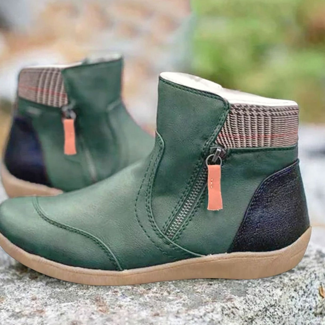 Women's Side-Zip Flat Ankle Boots Faux Leather Colorblock - Green