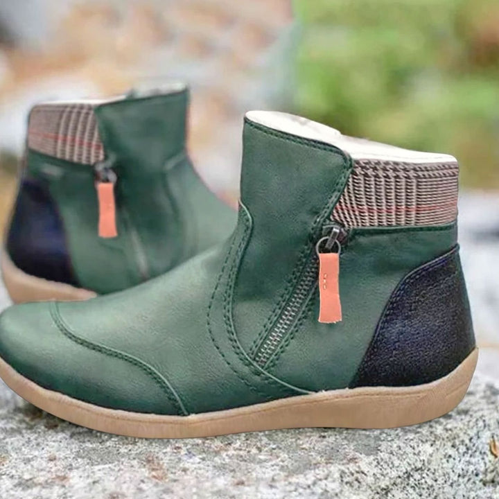 Women's Side-Zip Flat Ankle Boots Faux Leather Colorblock - Green