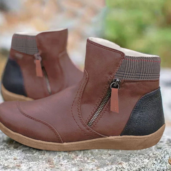 Women's Side-Zip Flat Ankle Boots Faux Leather Colorblock - Brown