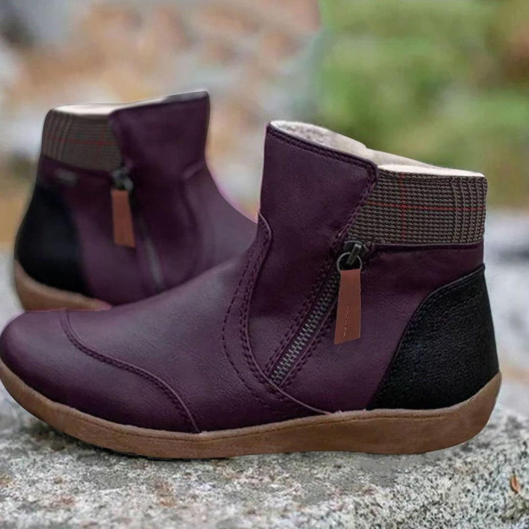 Women's Side-Zip Flat Ankle Boots Faux Leather Colorblock - Purple