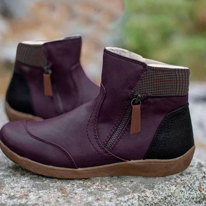 Women's Side-Zip Flat Ankle Boots Faux Leather Colorblock - Purple