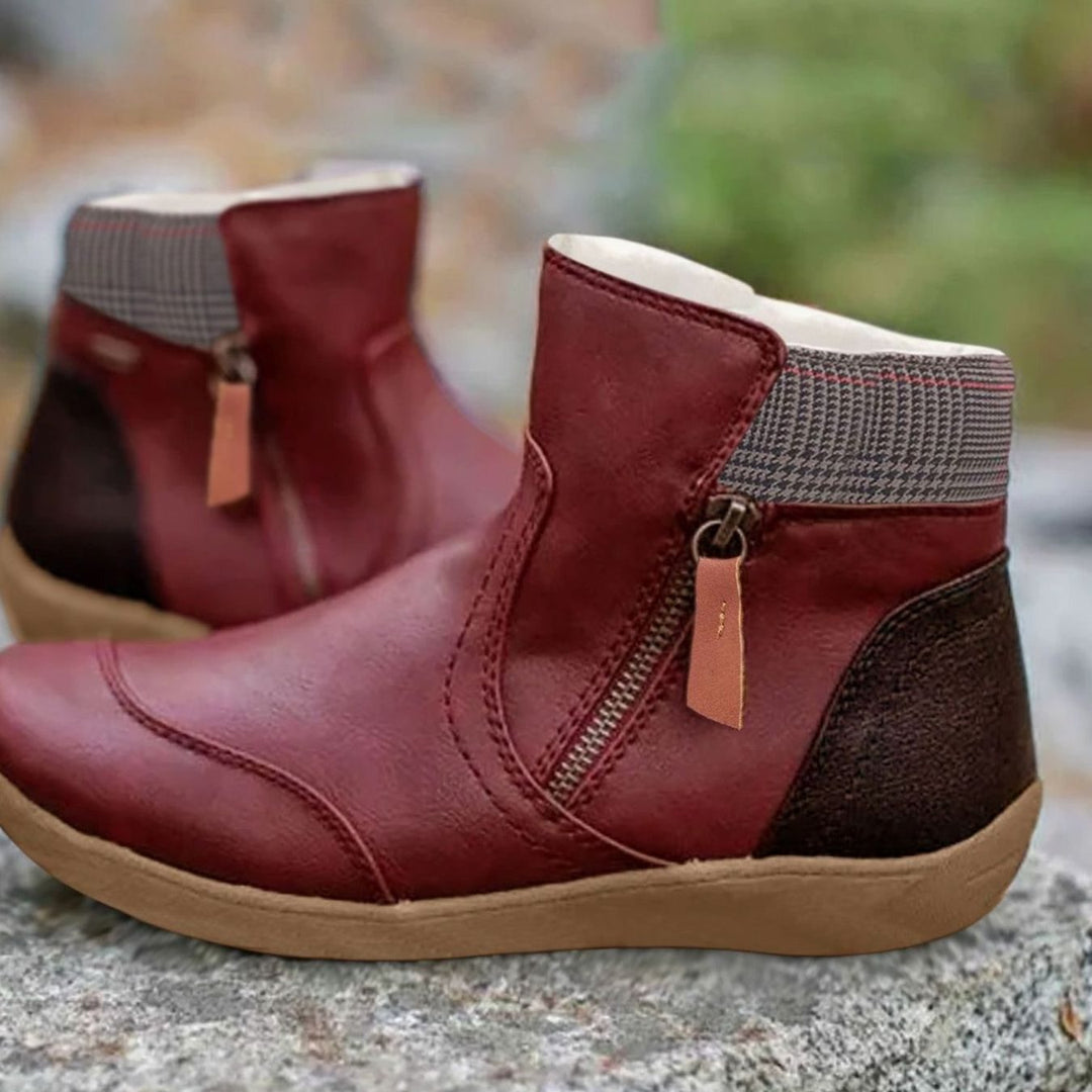 Women's Side-Zip Flat Ankle Boots Faux Leather Colorblock - Red