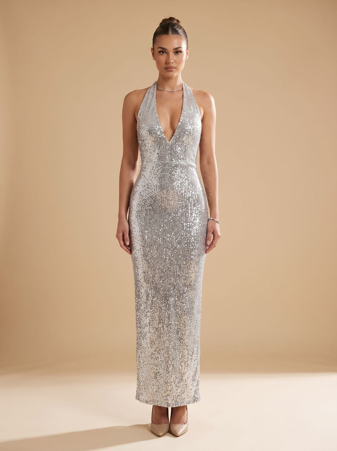 Women's Silver Halter-Neck Sequin Maxi Dress