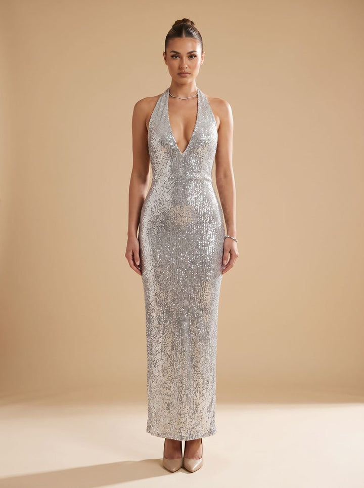 Women's Silver Halter-Neck Sequin Maxi Dress