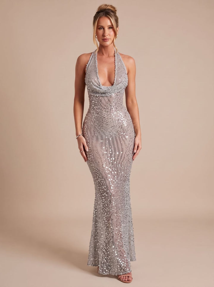 Women's Silver Halter-Neck Sequin Maxi Dress