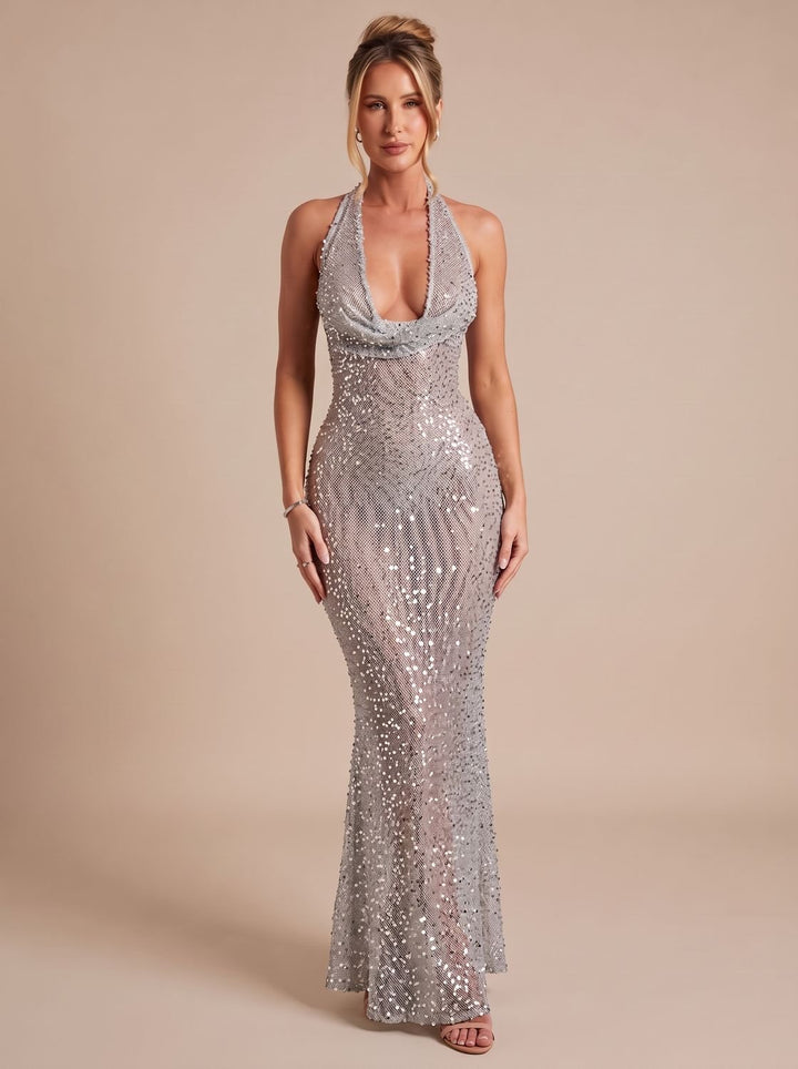 Women's Silver Halter-Neck Sequin Maxi Dress